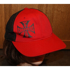 VTG Y2K West Coast Choppers Jesse James Iron Cross Trucker Hat Cap Red Black